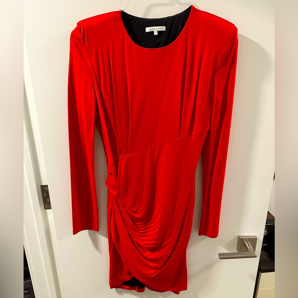 Partizia Pepe Scarlet Red Mini Dress, long sleeve, draped, viscose, US 4